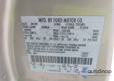 2010 Ford Escape Xlt из США, поврежденный, VIN 1FMCU0DG2AKA41241